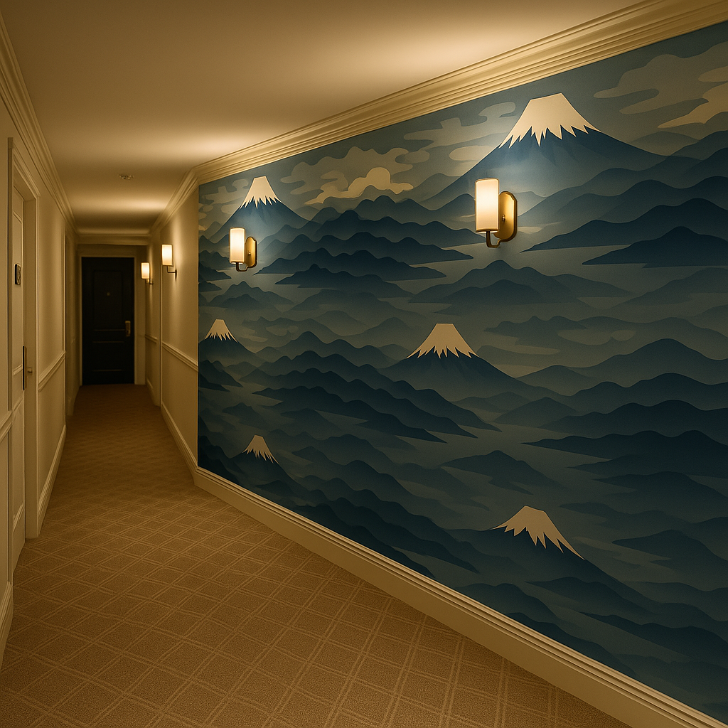 Alpine Drift Wallpaper with mountain pattern, textured blue background and decorative wall sconces.
