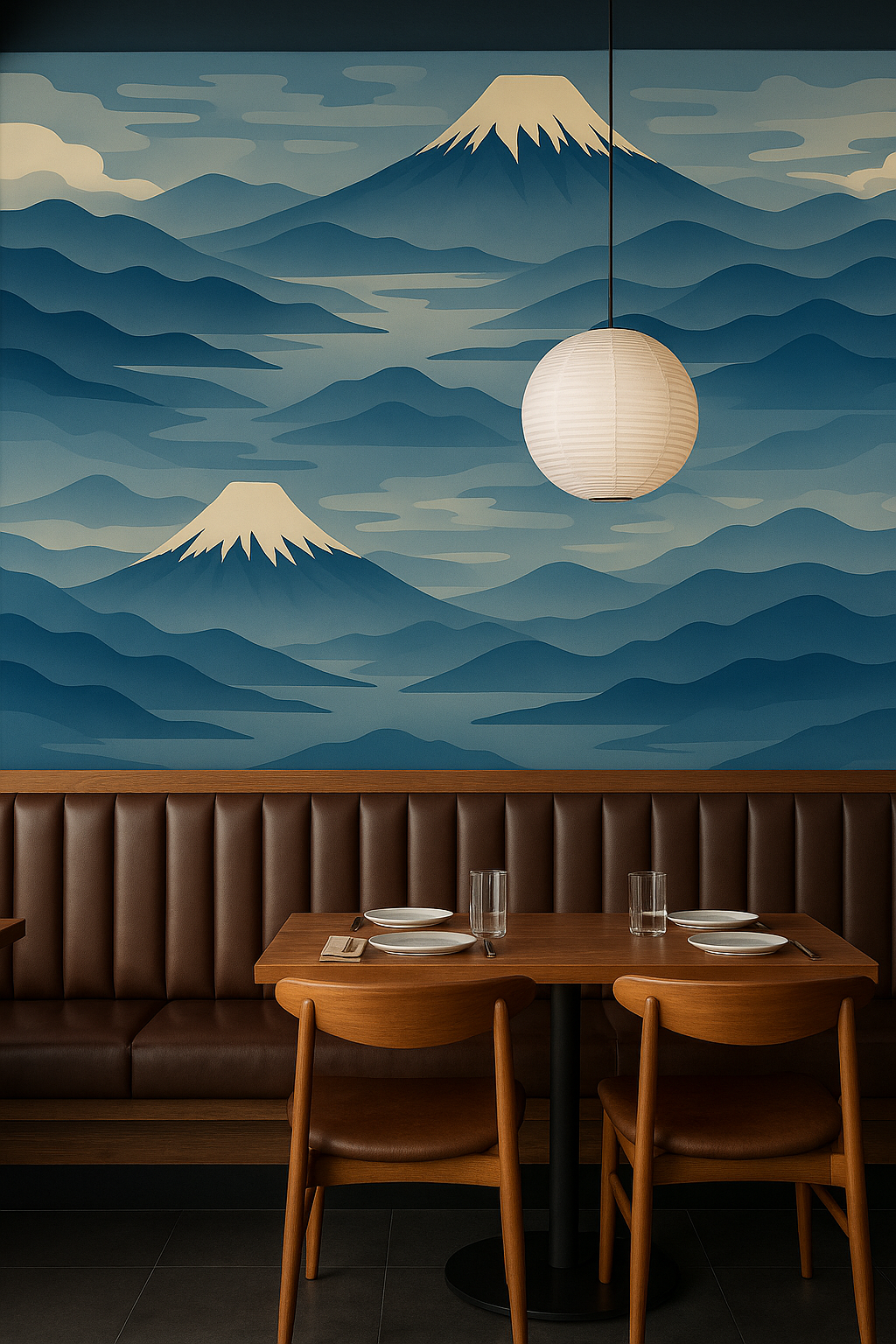 Blue scenic wallpaper featuring mountains by Wallshoppe, decorating the interior of a restaurant.