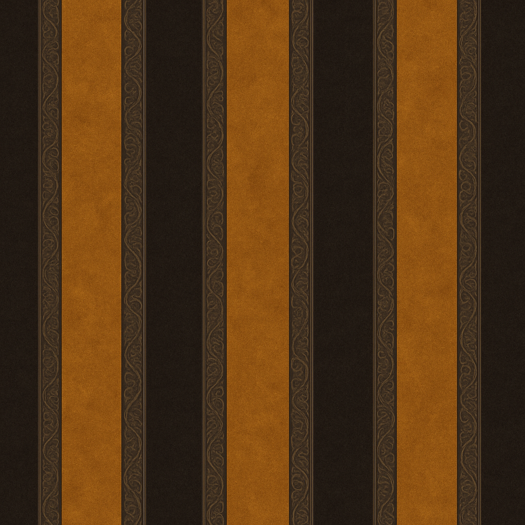 Renaissance stripe wallpaper with brown and gold stripes and decorative vertical bands.
