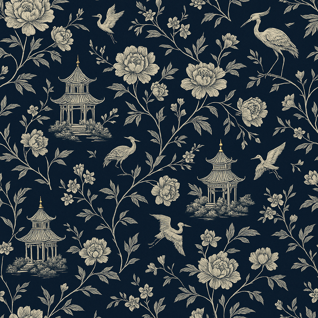 Chinoiserie midnight wallpaper with crane and pagoda pattern.
