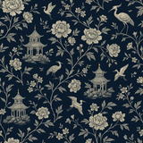 Chinoiserie midnight wallpaper with crane and pagoda pattern.
