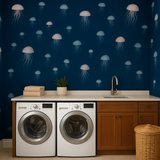 Navy blue Moonlit Drifters Wallpaper with jellyfish pattern covering a laundry room wall.