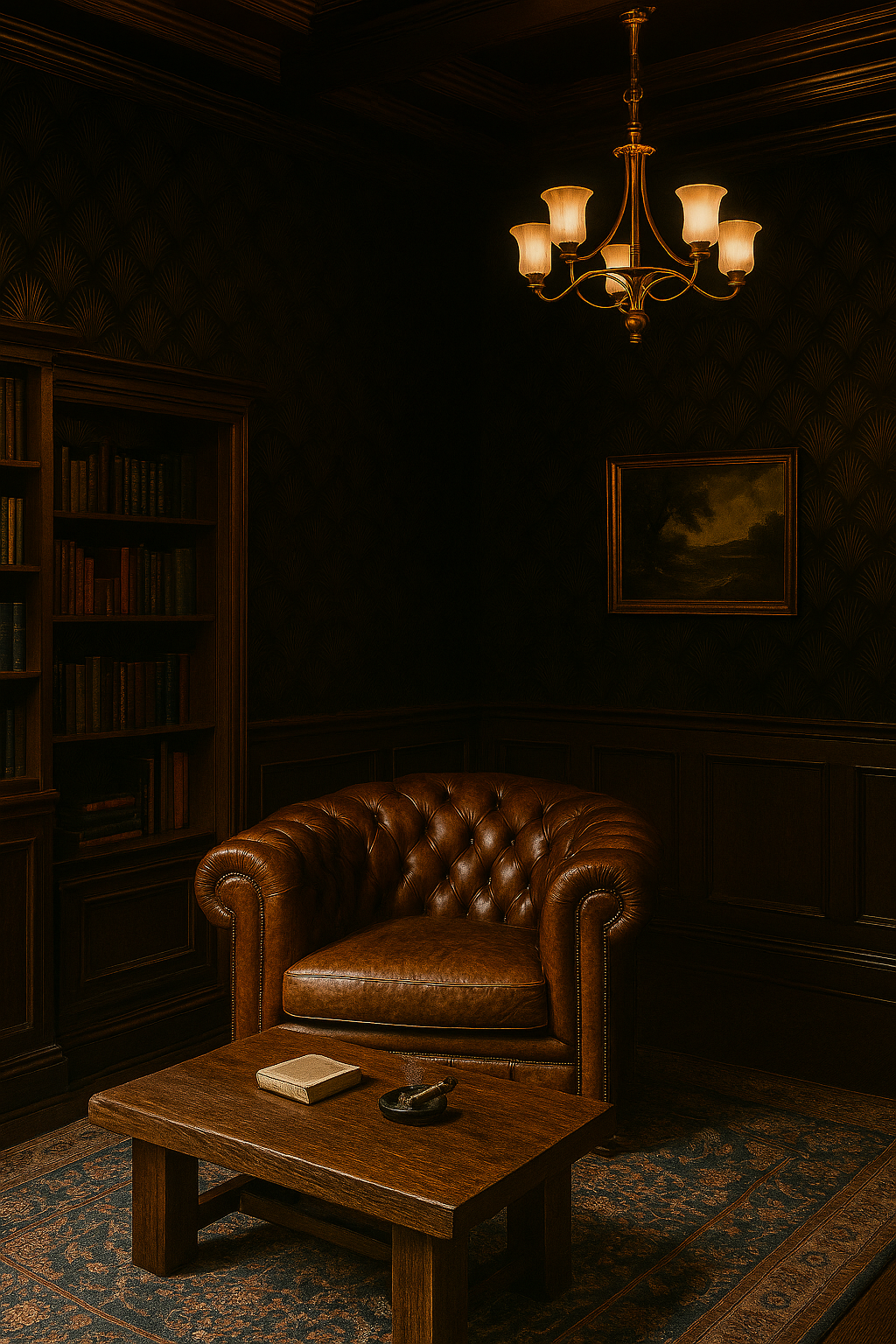 Patterned wallpaper with a golden ginkgo leaf design, displayed in a moody, dimly lit room setting.
