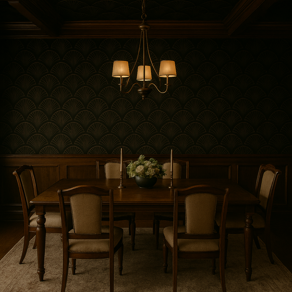 Patterned wallpaper with gingko leaf design on dark backdrop, overhead chandelier, and formal dining set.
