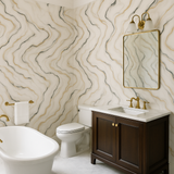 Modern marble wallpaper with gold and black wave pattern.