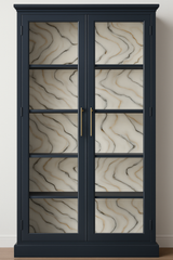Modern marble wallpaper with swirled pattern of black, tan, and white.
