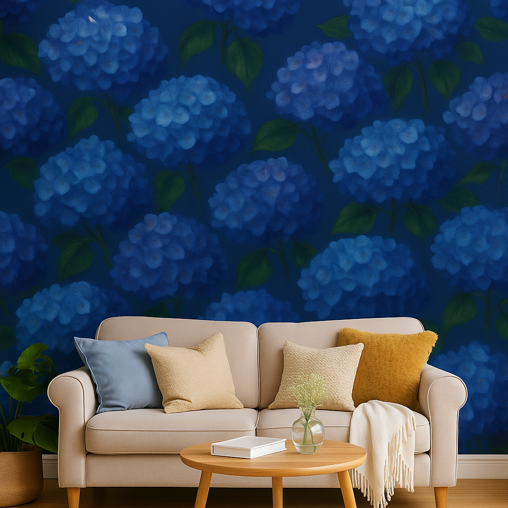 Blue floral wallpaper with hydrangea pattern, featuring overlapping blooms and green leaves.
