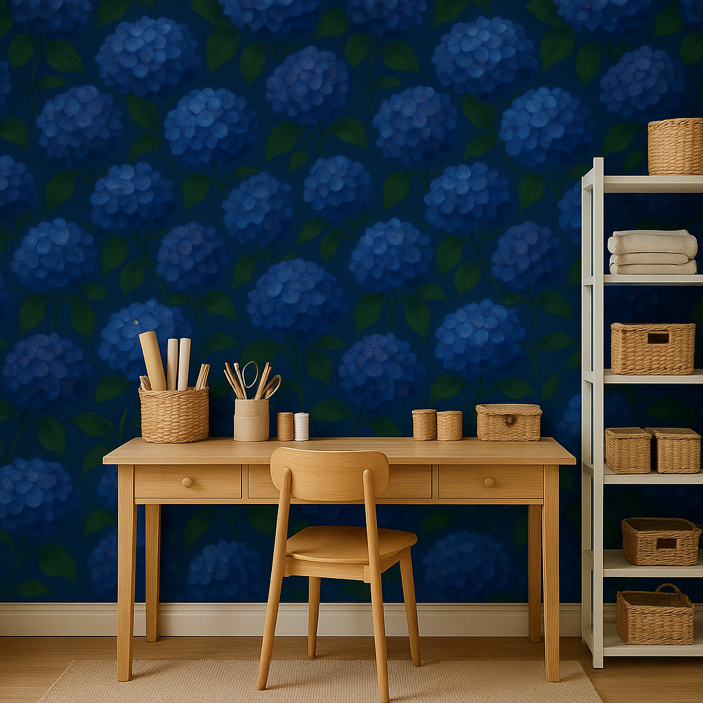 Blue floral wallpaper with hydrangea pattern by Anewall, seen in a room setting with desk and shelving.
