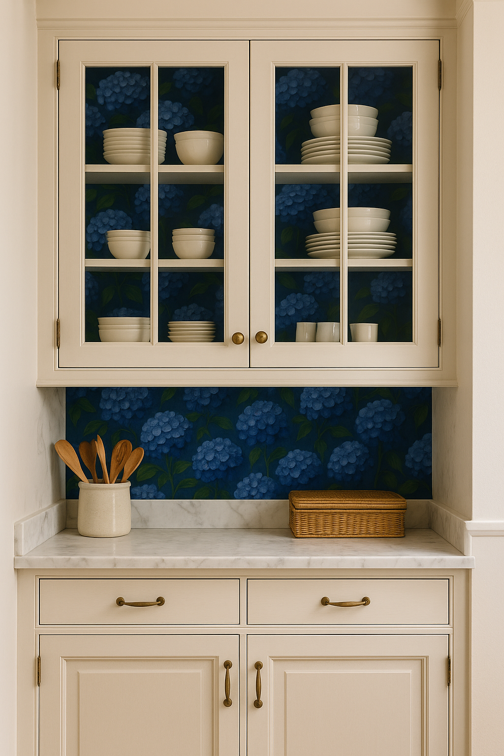 Floral wallpaper with blue hydrangeas by York Wallcoverings, visible behind glass cabinet shelves.