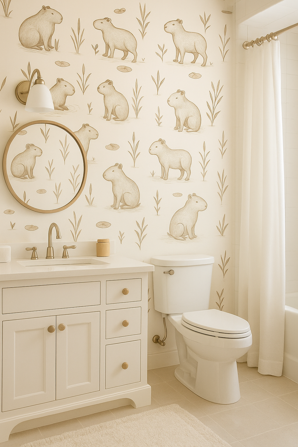 Capybara Club Wallpaper with capybara and foliage pattern on off-white background.

