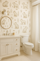 Capybara Club Wallpaper with capybara and foliage pattern on off-white background.
