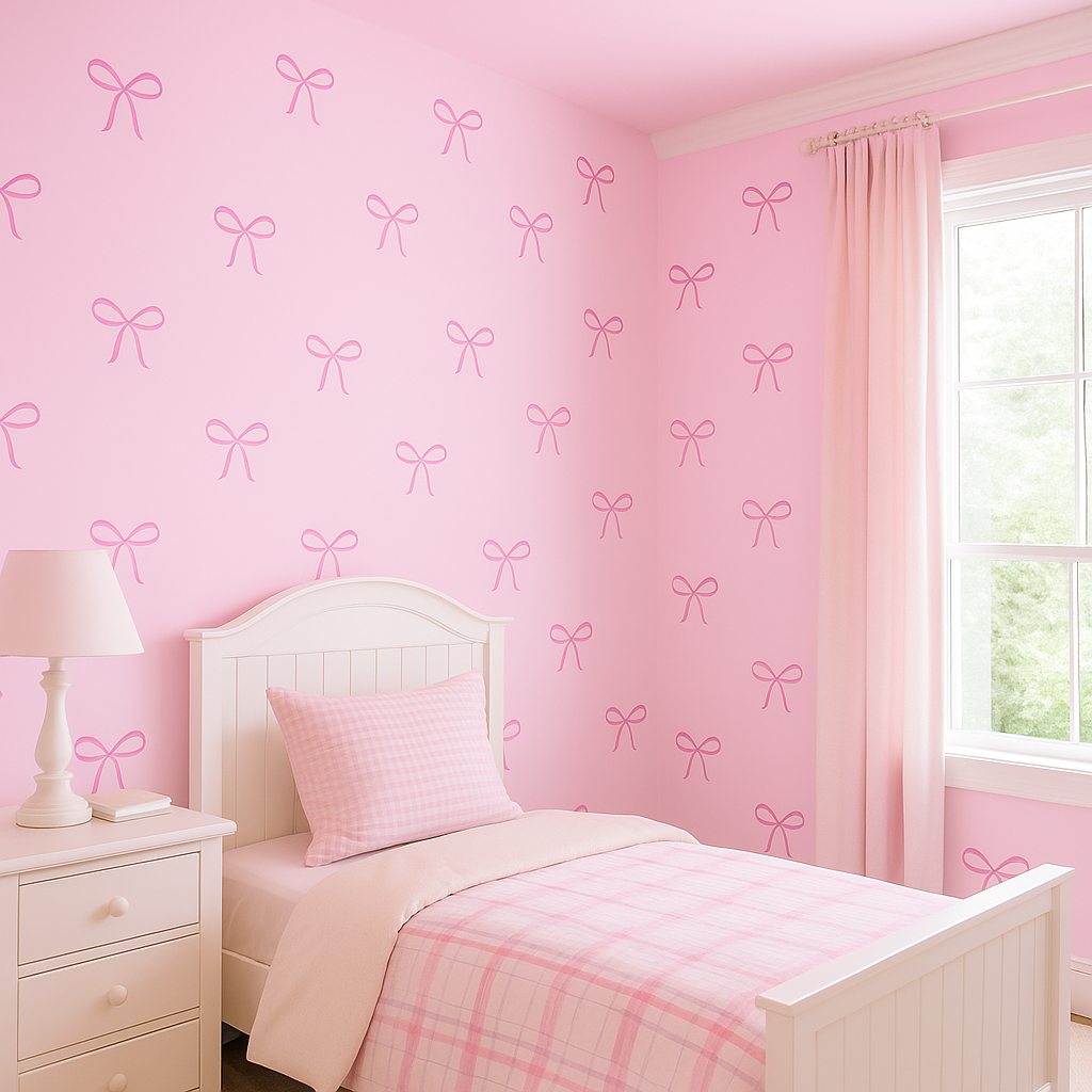 Pink bows wallpaper with repeating ribbon pattern on bedroom walls.