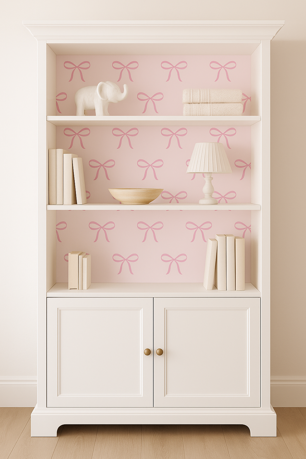Coquette Bows Wallpaper featuring a pink bow pattern over a light pink background.
