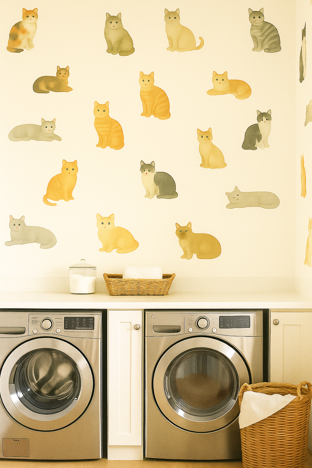 Cat's Meow wallpaper with playful cat illustrations, displayed in a laundry room setting.