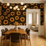 Dark floral wallpaper with sunflower design on black background, botanical style.
