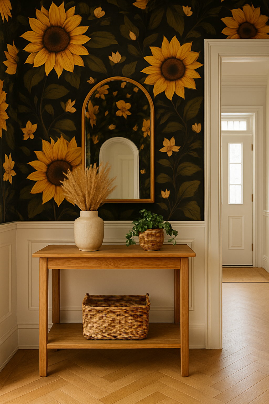 Midnight Sunflowers Wallpaper with a bold floral pattern on a dark background.
