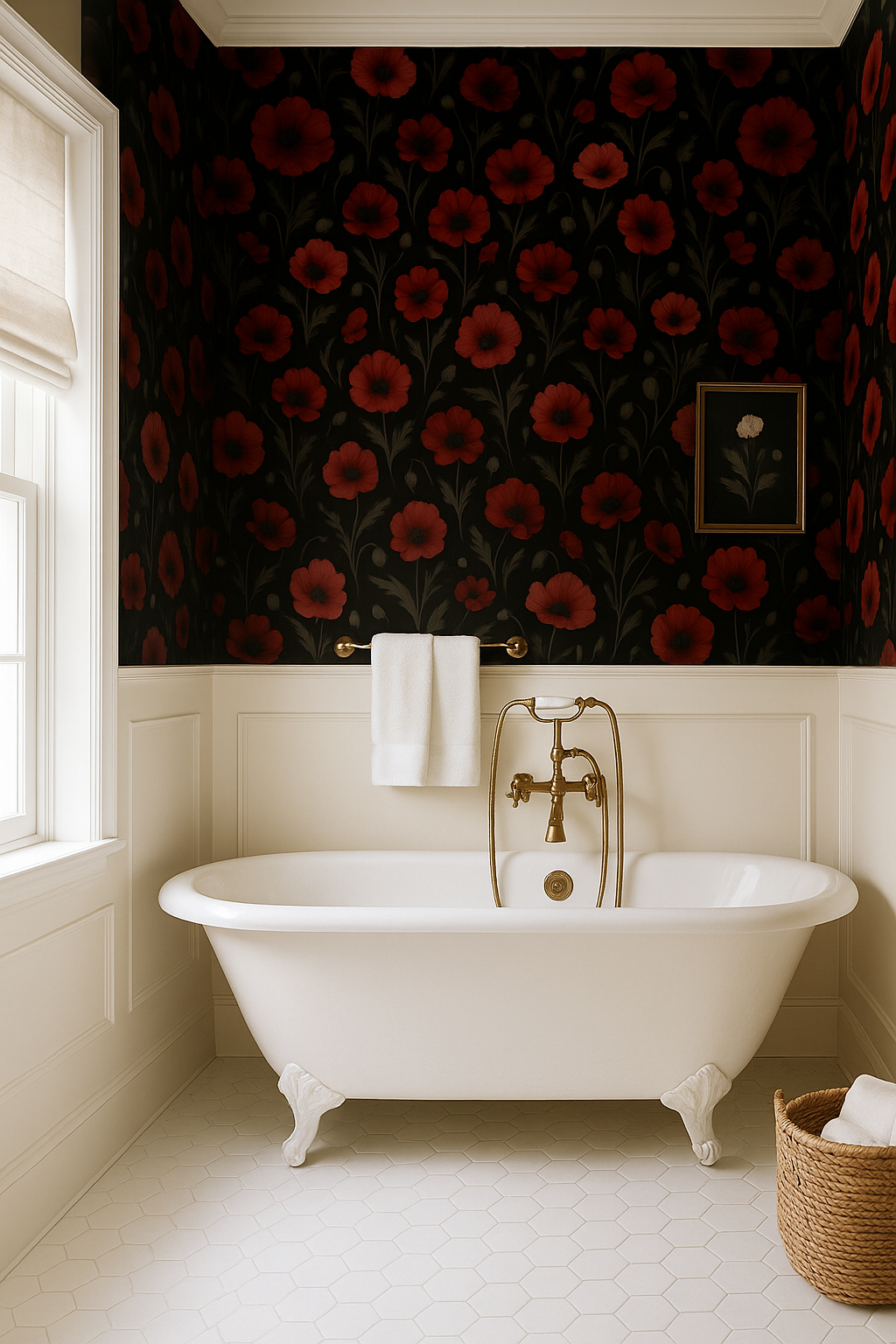 Poppy Fields Wallpaper with red floral pattern on black background, above a white paneled wall and bathtub.