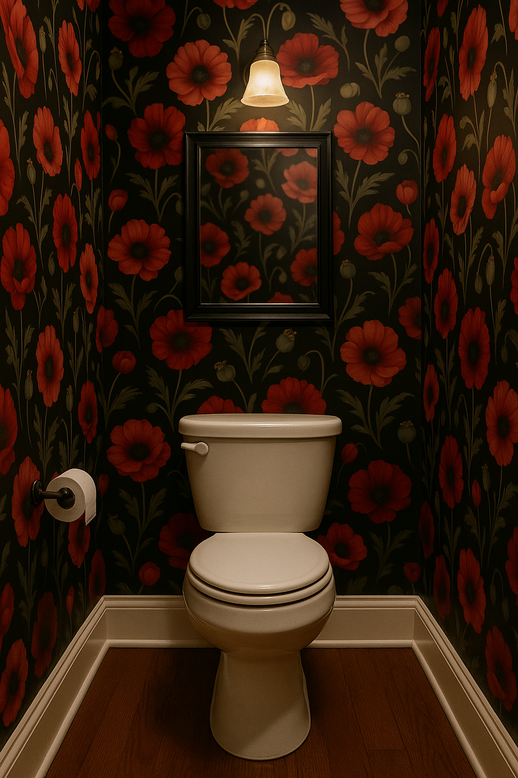 Floral poppy fields wallpaper with red flowers on black background.