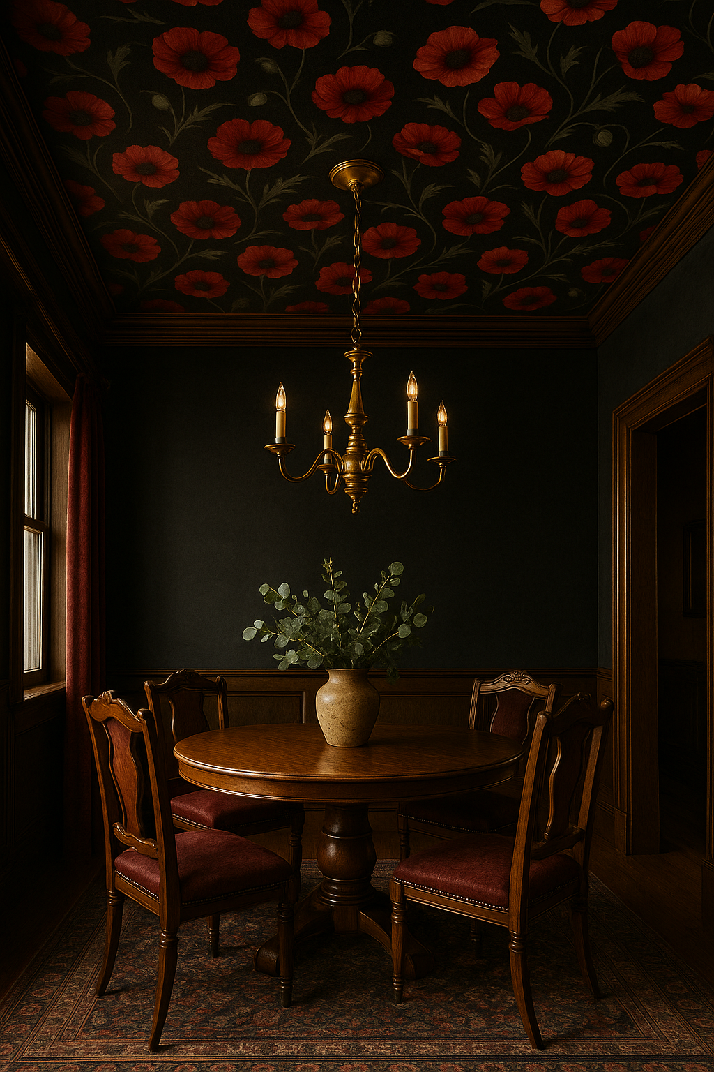 Poppy Fields Wallpaper with red floral pattern on a dark background, covering the ceiling in a dining room.
