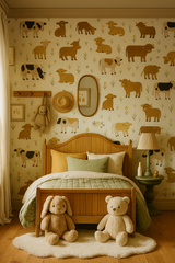 Pasture Parade Wallpaper featuring cow and sheep pattern on a light background.