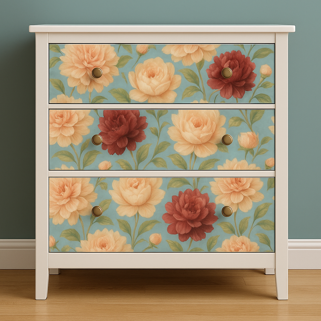 Floral patterned wallpaper with dahlia blooms and foliage on a pale blue background.