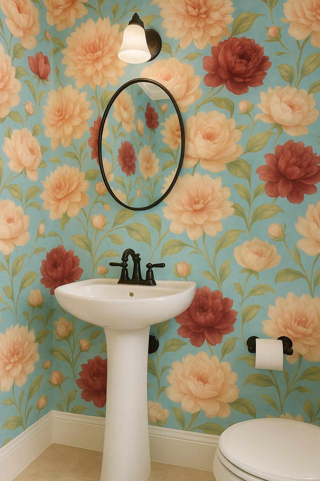 Heirloom Dahlias Wallpaper with floral pattern on a teal background.