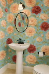 Heirloom Dahlias Wallpaper with floral pattern on a teal background.