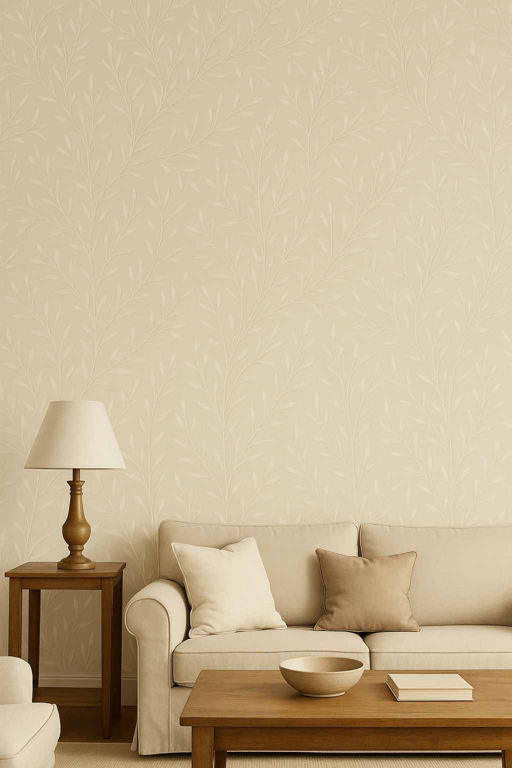 Beige Woodland Lace Wallpaper with leaf pattern texture on the wall.