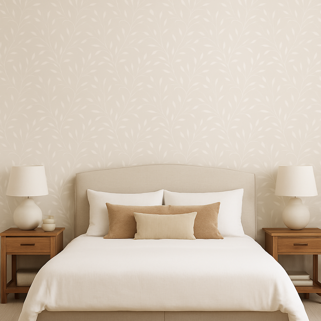 Beige Woodland Lace Wallpaper with vine pattern.