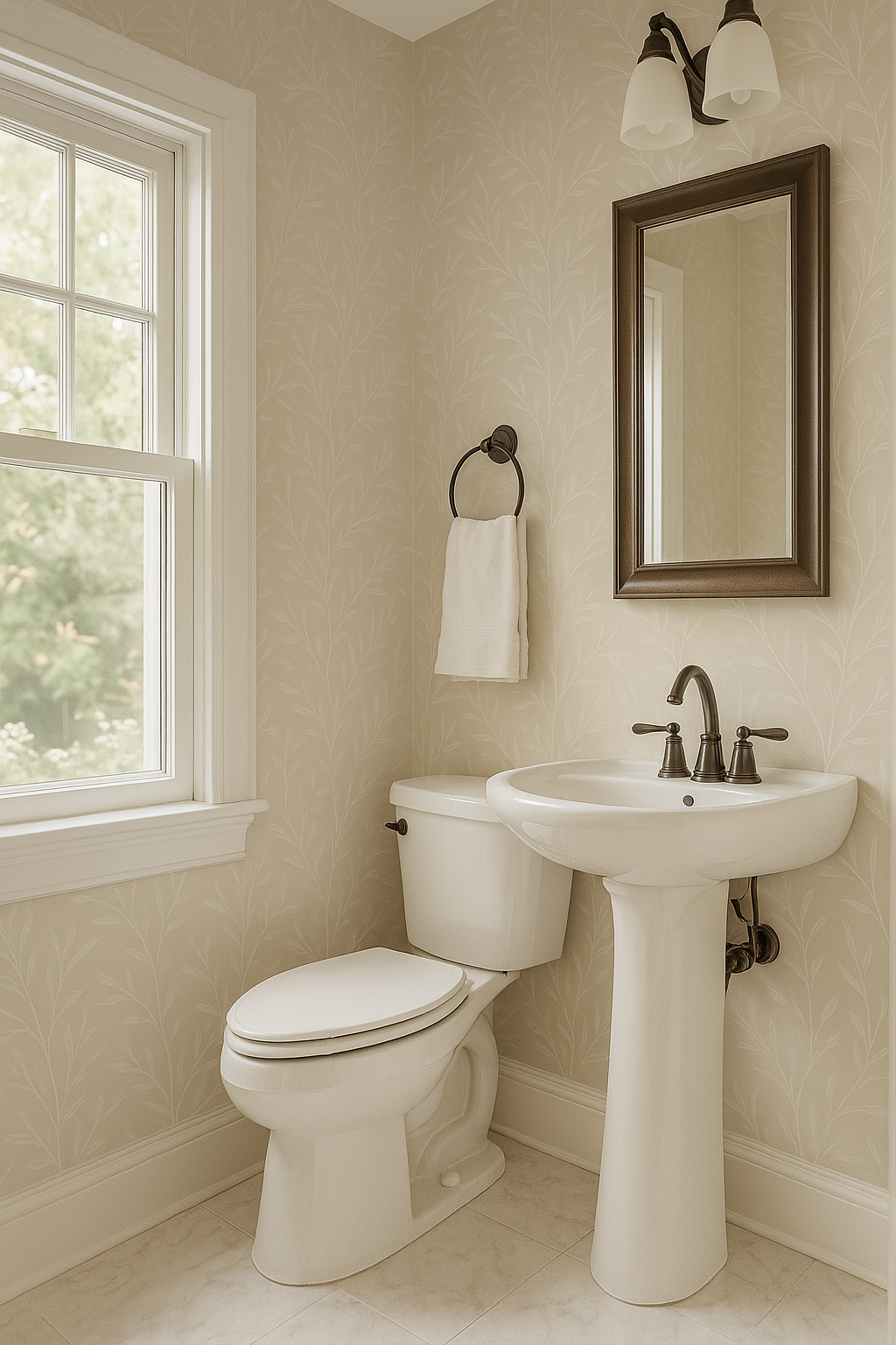 Patterned wallpaper in a beige hue with a leafy design, by York Wallcoverings, shown in a bathroom setting.