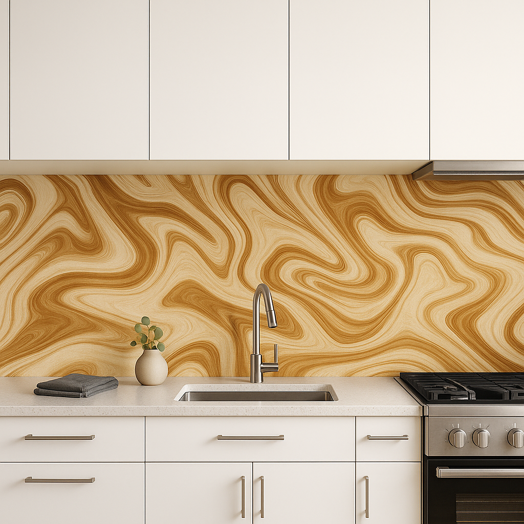 Mocha mirage wallpaper with swirling pattern, backsplash behind a kitchen sink and gas range.