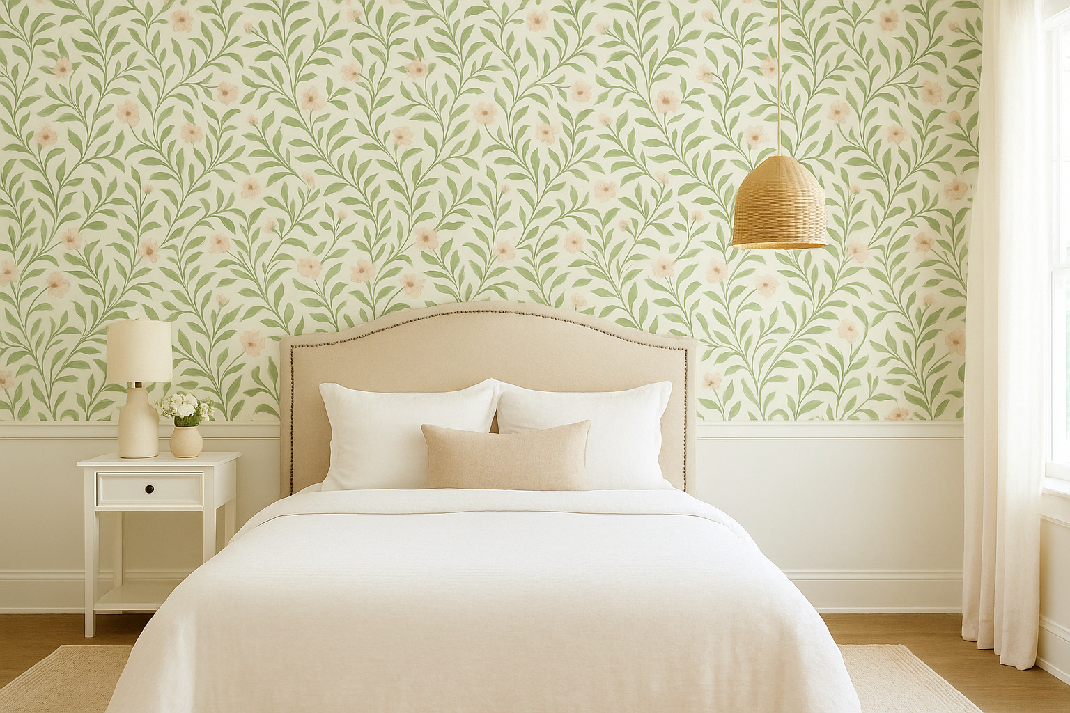 Botanical Reverie Wallpaper with a floral pattern, set in a bedroom.