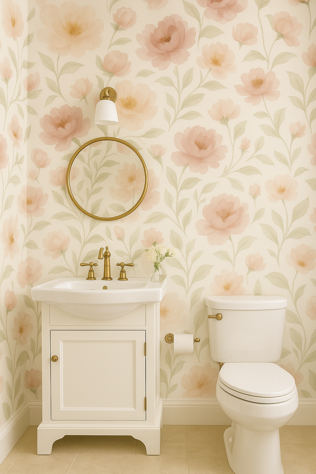 Ethereal Garden wallpaper with floral pattern on an off-white background, featured in a stylized bathroom scene.