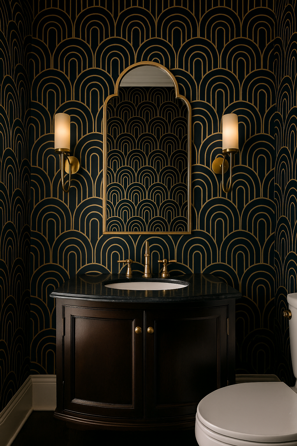 Deco Dawn Wallpaper featuring an Art Deco fan design, with a navy and gold color palette.
