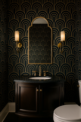 Deco Dawn Wallpaper featuring an Art Deco fan design, with a navy and gold color palette.
