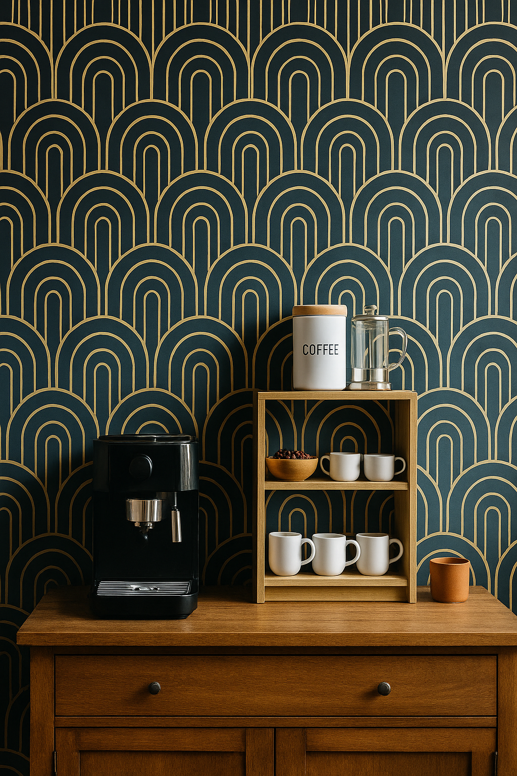 Art deco wallpaper featuring teal arches with gold trim, against a dark background.
