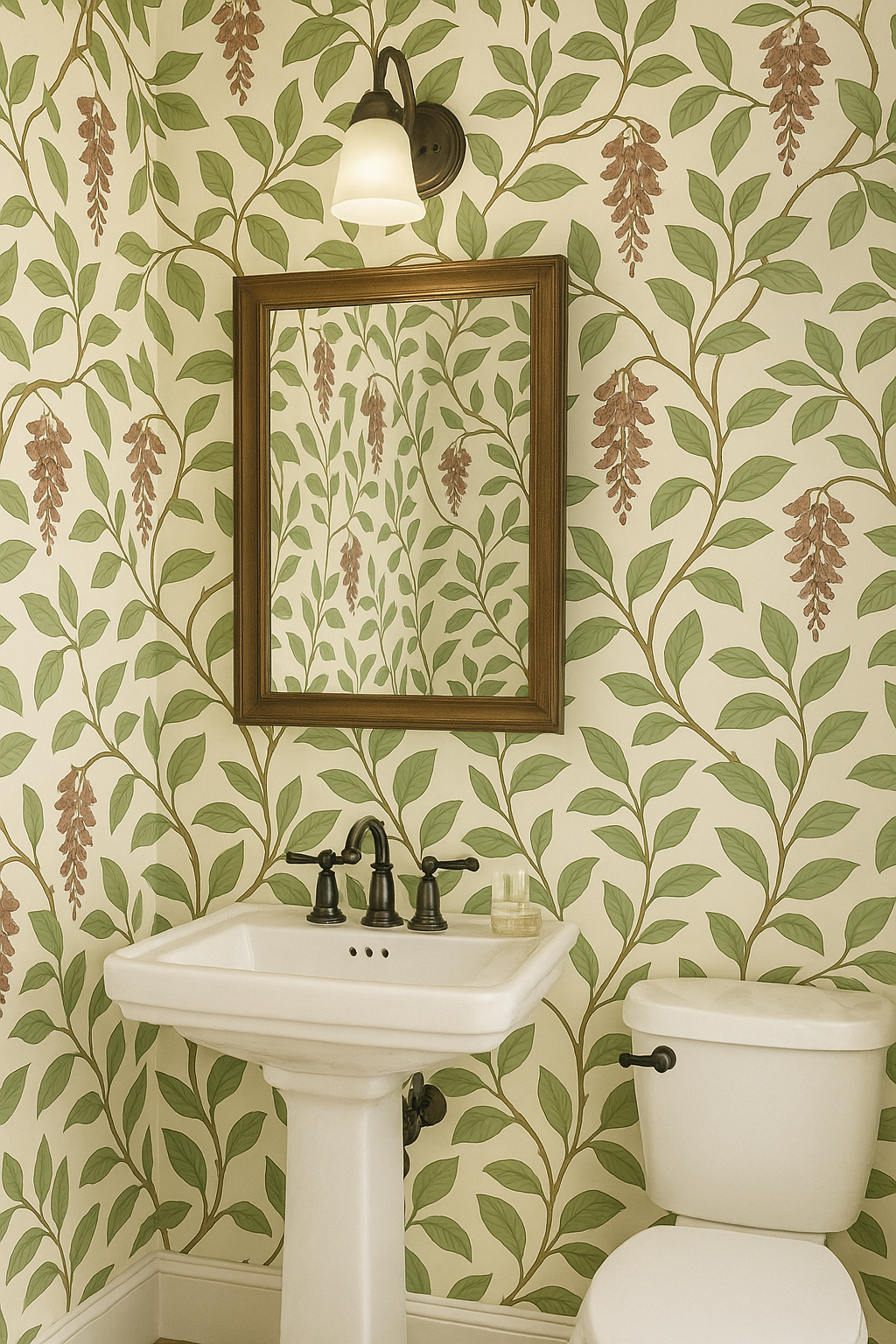 Wine & Willow Wallpaper with green leaf and brown flower pattern.