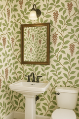 Wine & Willow Wallpaper with green leaf and brown flower pattern.