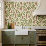 Wine & Willow wallpaper featuring a climbing leaf and flower pattern.