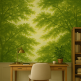 Sunlit canopy wallpaper with a lush, vibrant green tree pattern.
