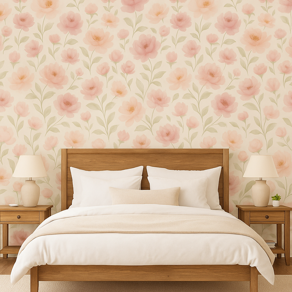 Ethereal Garden Wallpaper with floral pattern, featuring pink flowers and green leaves on a beige background.
