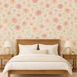 Ethereal Garden Wallpaper with floral pattern, featuring pink flowers and green leaves on a beige background.
