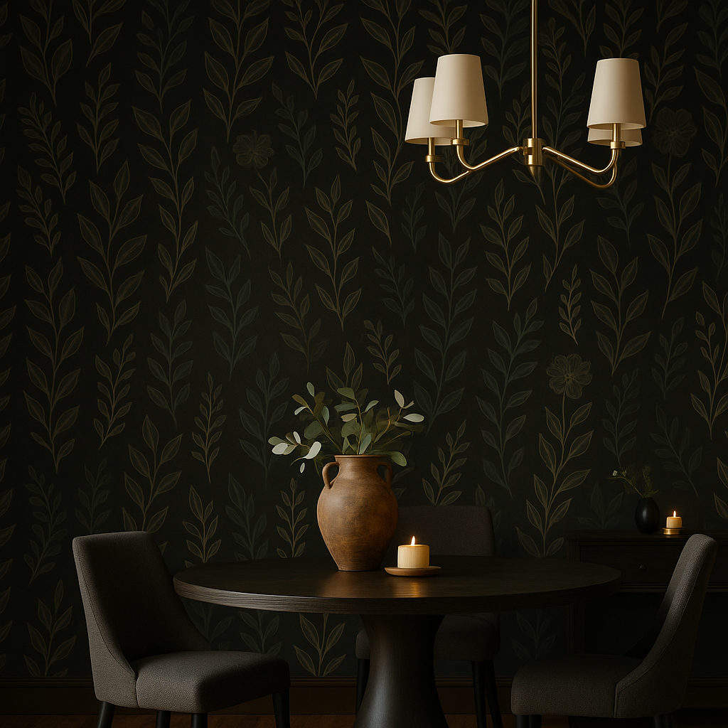 Botanical wallpaper in noir by Brewster, featuring a leaf pattern in a dark, moody room setting.
