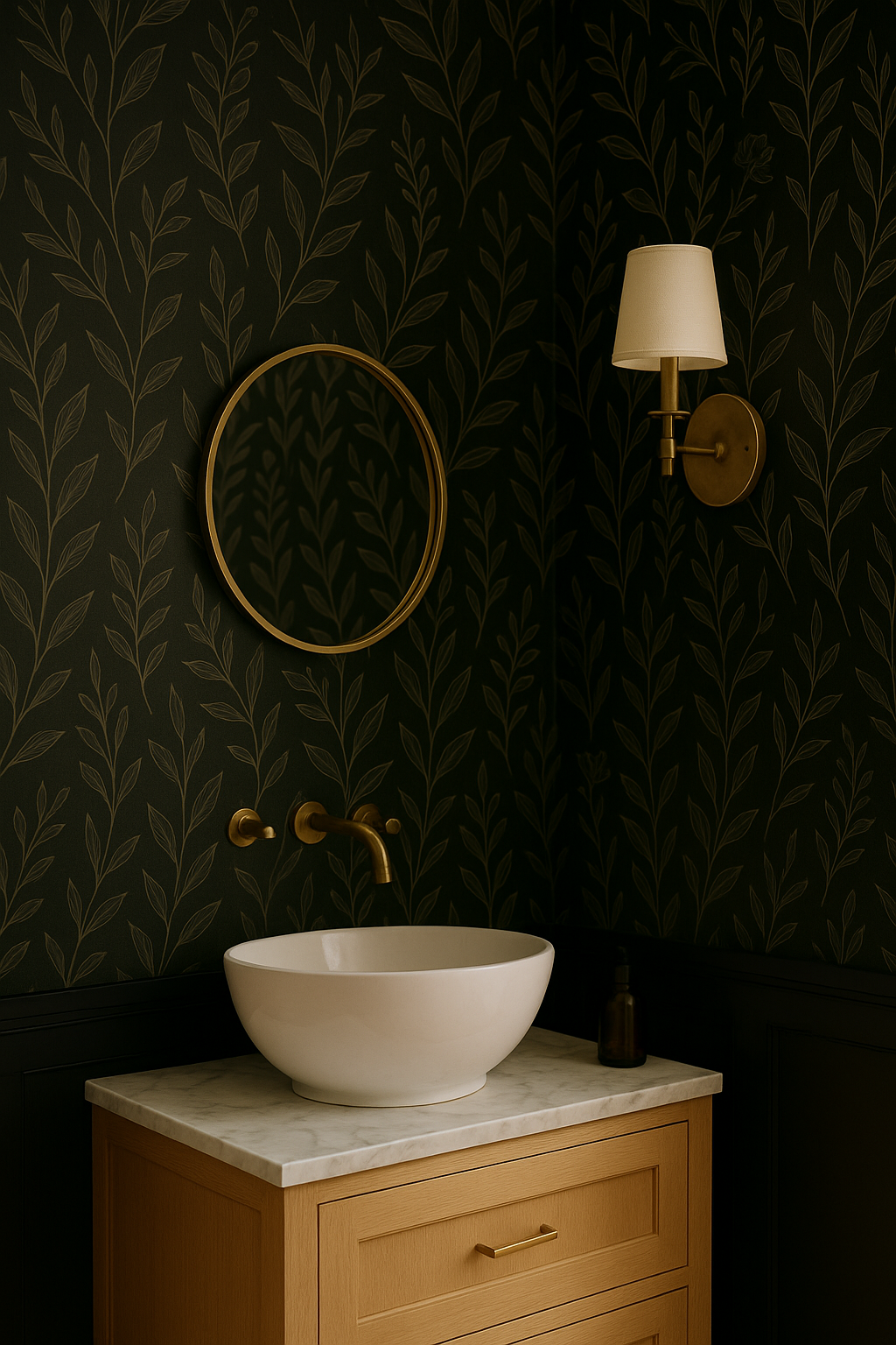 Noir Botanica Wallpaper with a leafy pattern, over a vessel sink with a gold faucet and gold-framed mirror.