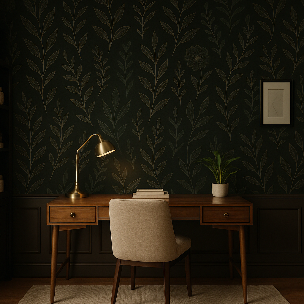 Noir Botanica Wallpaper with a black background and leaf pattern.