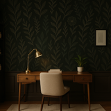 Noir Botanica Wallpaper with a black background and leaf pattern.
