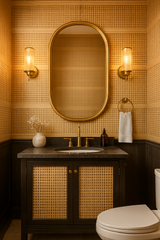Rattan weave wallpaper with basket pattern and textured bands, in a stylish bathroom setting.