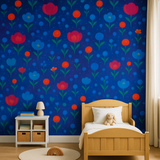 Cosmic Bloom Wallpaper with a floral pattern on a dark blue background.