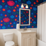 Cosmic Bloom Wallpaper with colorful floral and dot pattern on a dark blue background.
