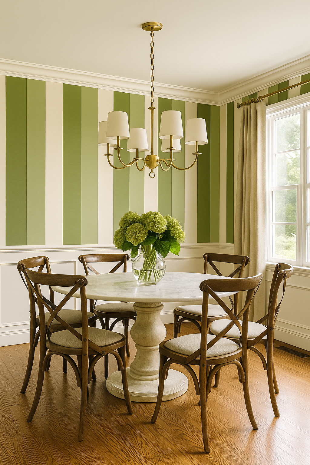 Green striped wallpaper with vertical stripes, evoking an olive grove, with a traditional dining room setting.
